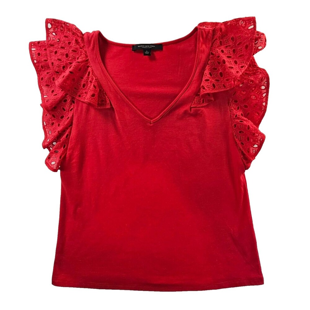Marc New York Small Red Eyelet Flutter Sleeve Top V Neck